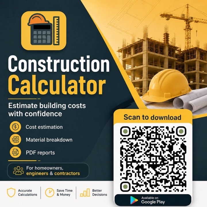 Construction Calculator — estimate building costs, scan the QR code or tap to download from Google Play
